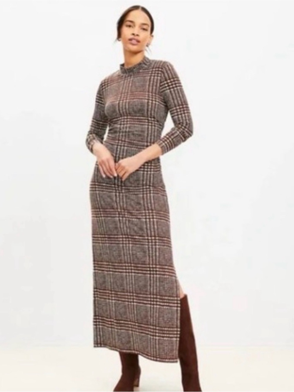 LOFT Plaid Maxi Dress in Brown and Cream